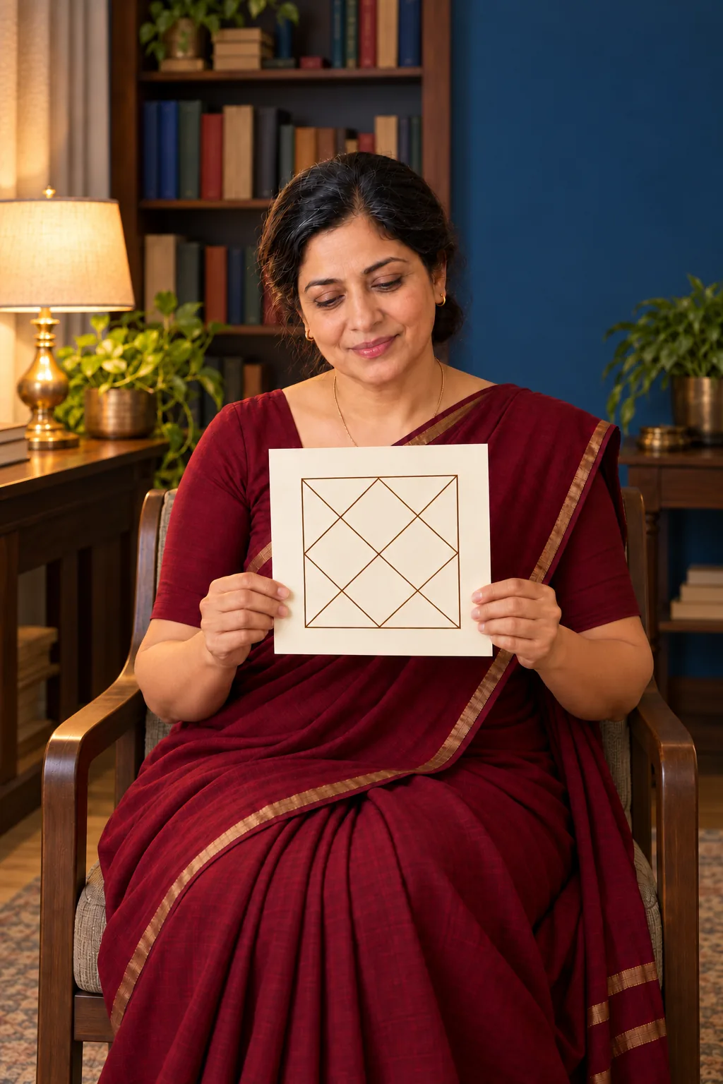 Swati Tara looking at a kundli drawn on ivory paper, which she holds towards the camera