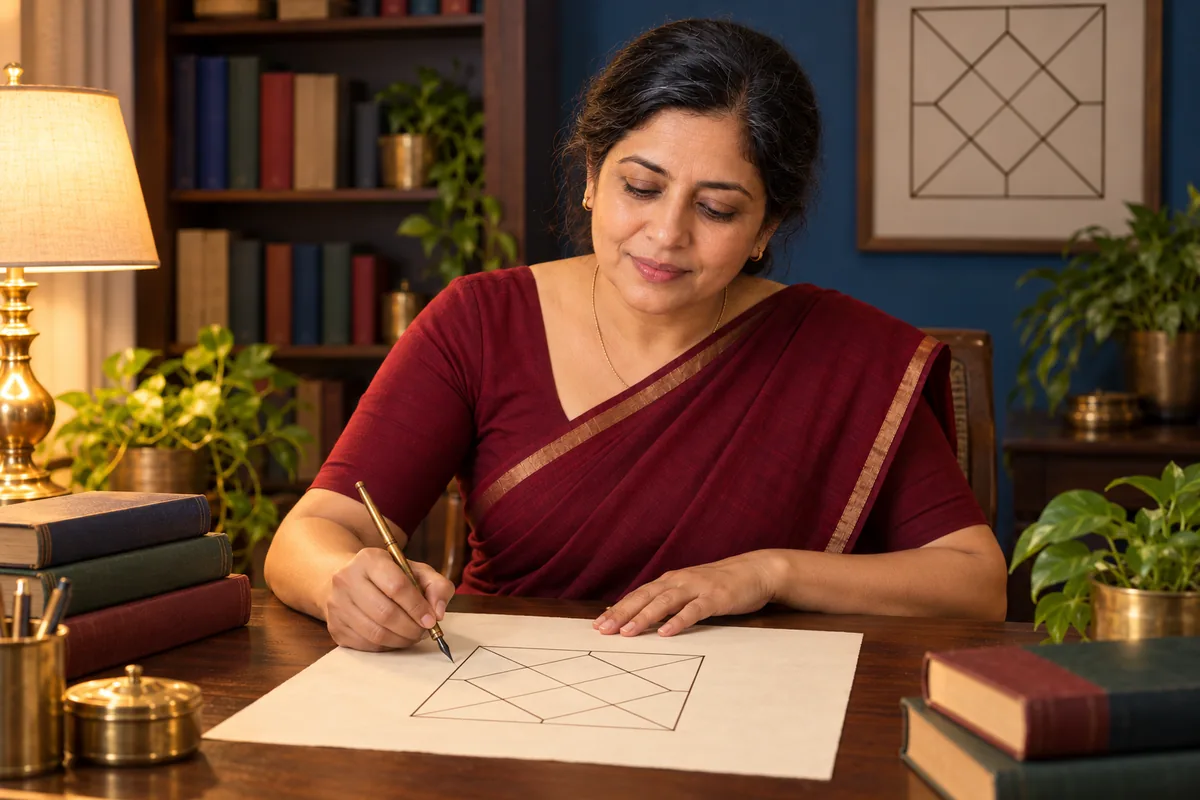 Swati drawing a kundli on ivory paper at her desk