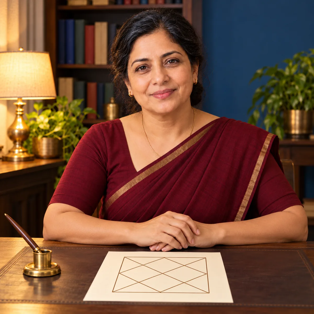 Swati Tara at her desk, your kundli drawn on ivory paper in front of her